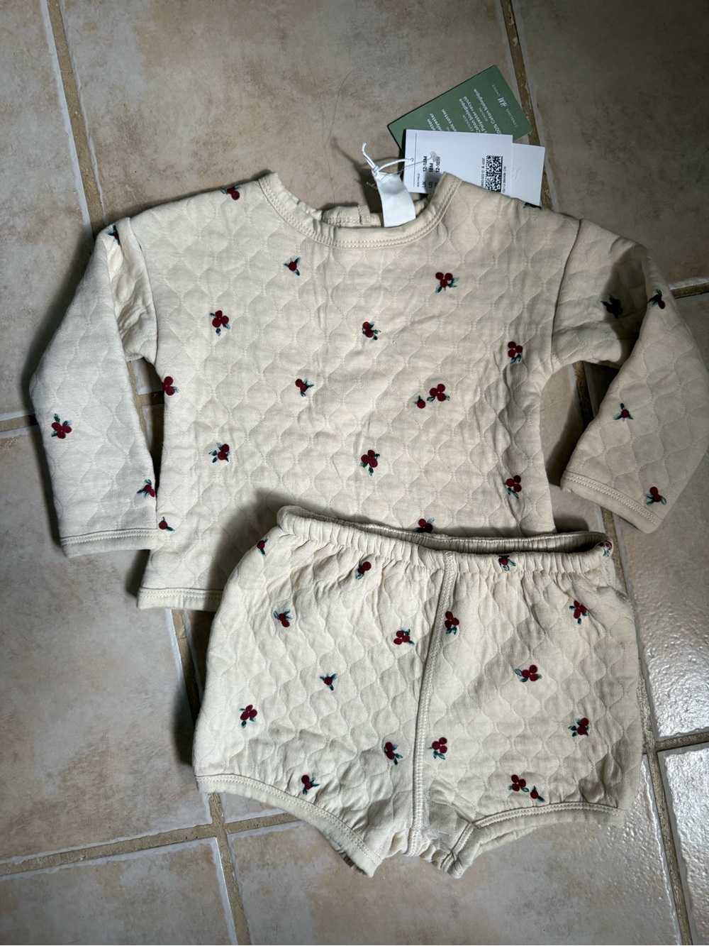 H&M Cream Quilted Set with Red Cherry Motif